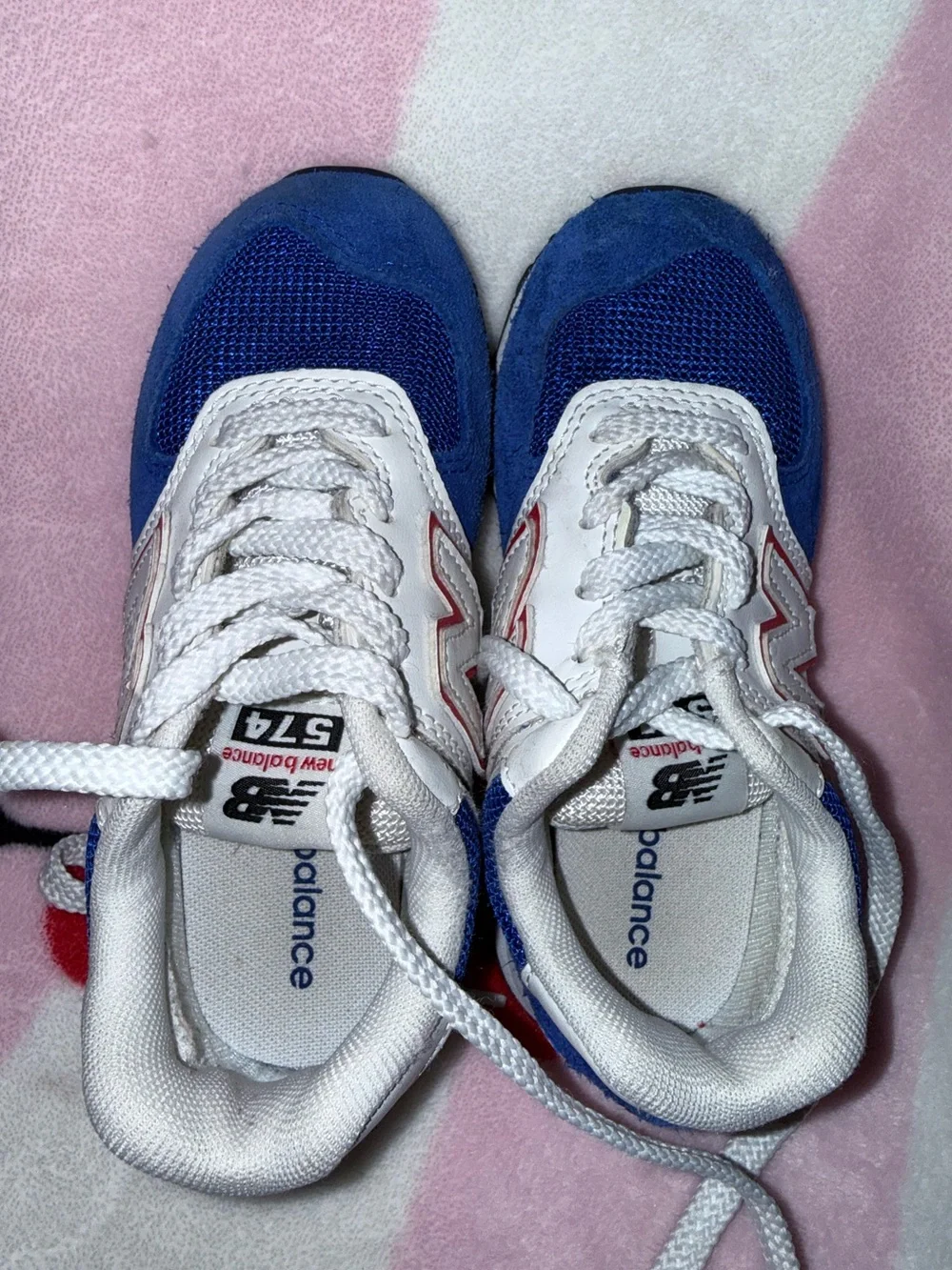 New Balance 574 Kids Sneakers in Blue and White with Pink Accents, Size 11C